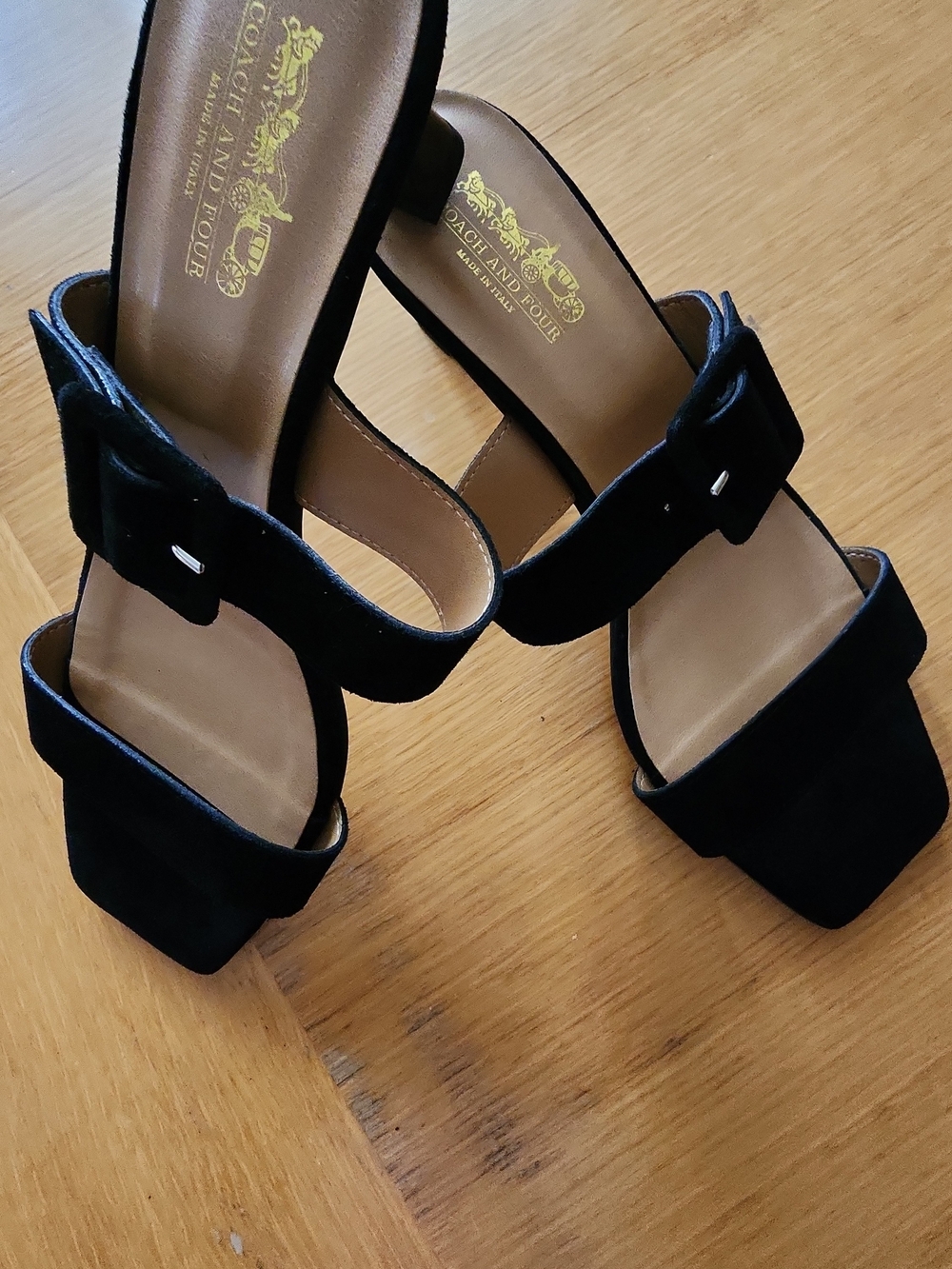 Coach and Four Black Suede Double-Strap Square Toe Mules